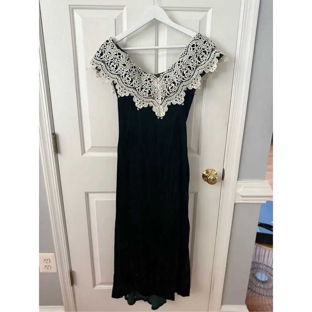 Vintage Jessica McClintock Green Velvet & Crochet Off the Shoulder Gown sz 6 EUC